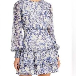 Aqua Blue White Floral Midi Long Sleeve Dress